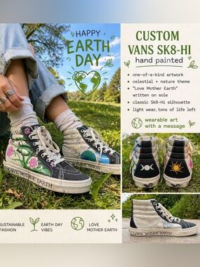 Custom Vans Sk8 Hi Hand Painted Celestial Sun Moon Earth Sneakers 7.5